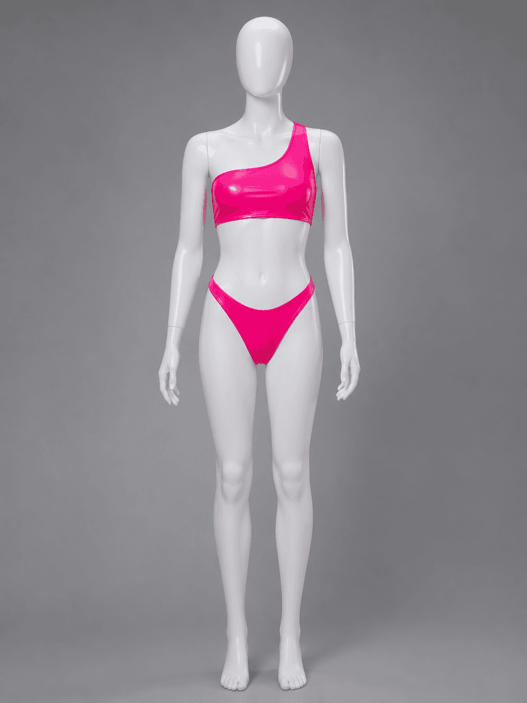 One-Shoulder Vinyl Bikini in Hot Pink