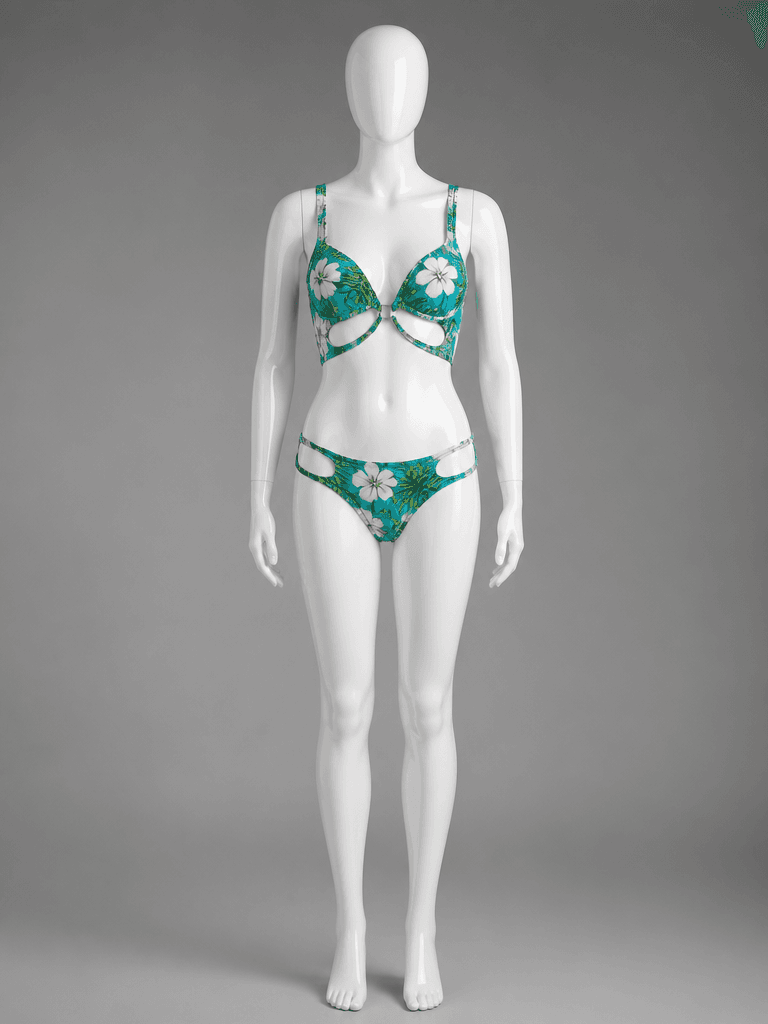 Floral Print Cutout Bikini in Turquoise