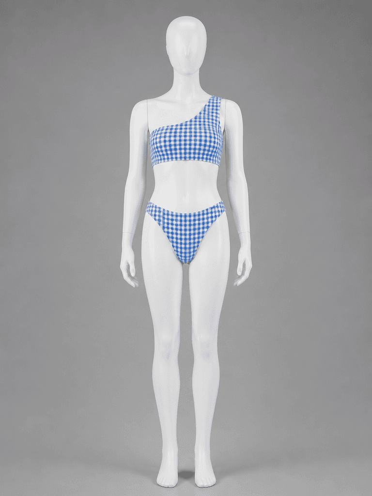 Blue Gingham One-Shoulder Bikini