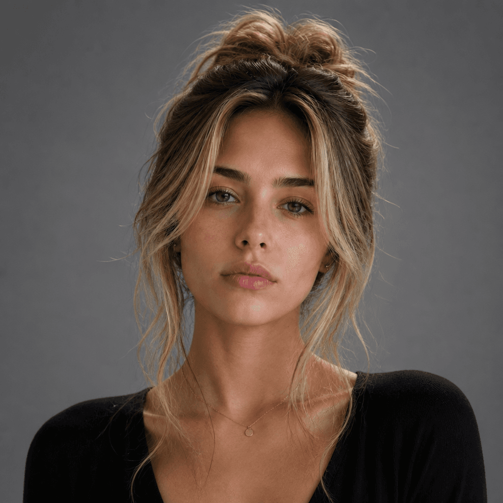 Messy High Bun with Face-Framing Highlights