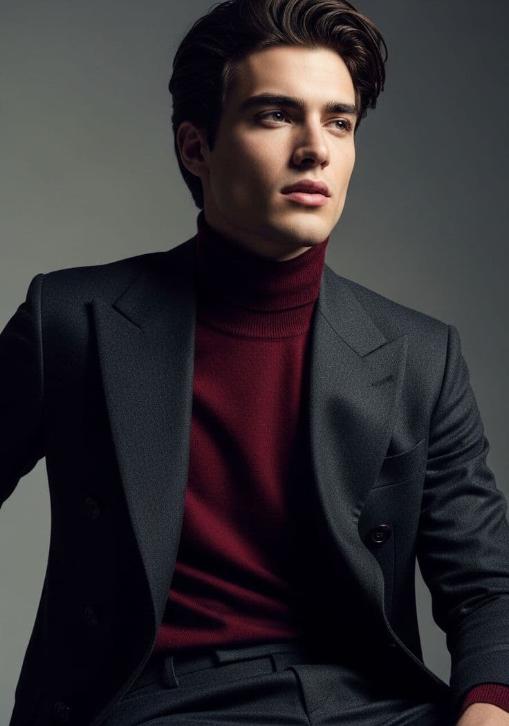 Classic Burgundy Turtleneck & Charcoal Suit