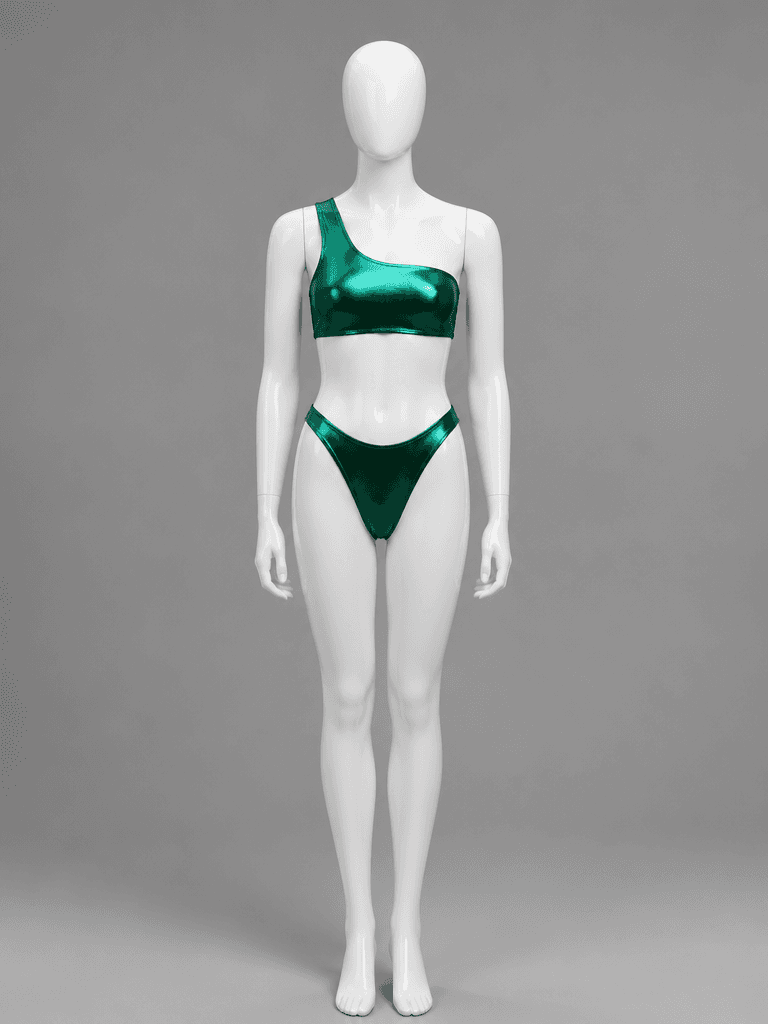 Metallic One-Shoulder Bikini in Emerald