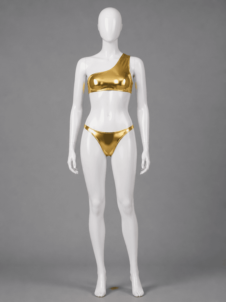 Metallic One-Shoulder Bikini in Gold